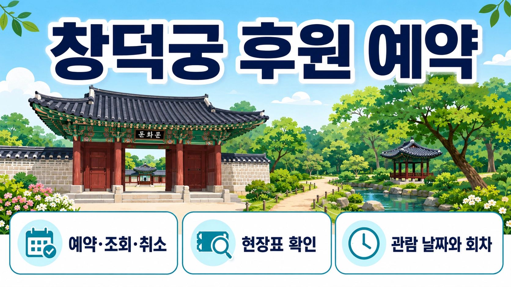 창덕궁 후원 풍경과 예약&middot;조회&middot;취소 및 현장표 확인 항목을 함께 보여주는 대표 이미지입니다.
