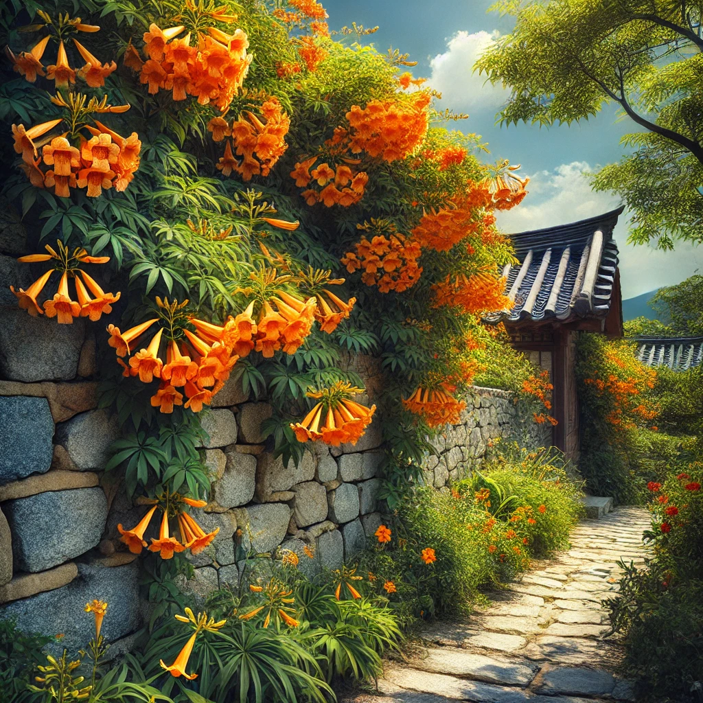 여름철 정원의 한 장면으로, 전통적인 돌담을 타고 자라는 능소화(Campsis grandiflora)가 선명한 오렌지색 트럼펫 모양의 꽃을 활짝 피우고 있습니다. 푸른 하늘 아래, 풍성한 녹색 잎들 사이로 능소화가 만개한 모습이 고요하고 아름답습니다. 햇빛이 돌담과 꽃에 부드럽게 비추며 평화로운 정원의 분위기를 연출하고 있습니다.