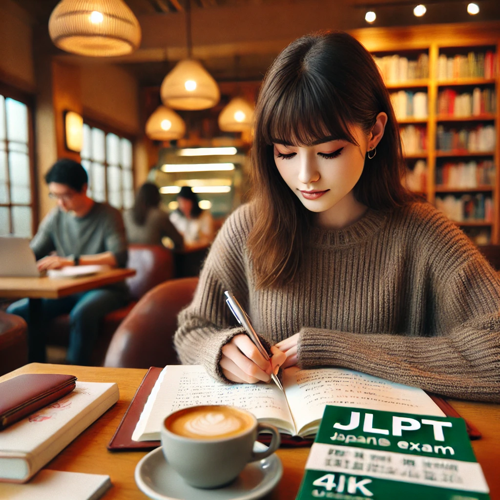 일본어 능력 시험 준비를 위해 카페에서 노트에 필기하는 20대 여성. 일본어 교재와 커피잔이 테이블 위에 놓여 있으며, 따뜻한 조명과 나무 가구로 꾸며진 아늑한 카페 분위기