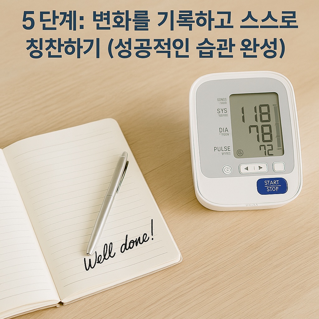 걷기 운동과 혈압 측정을 기록하는 일기장과 혈압계 5단계: 변화를 기록하고 스스로 칭찬하기 성공적인 습관 완성 문구