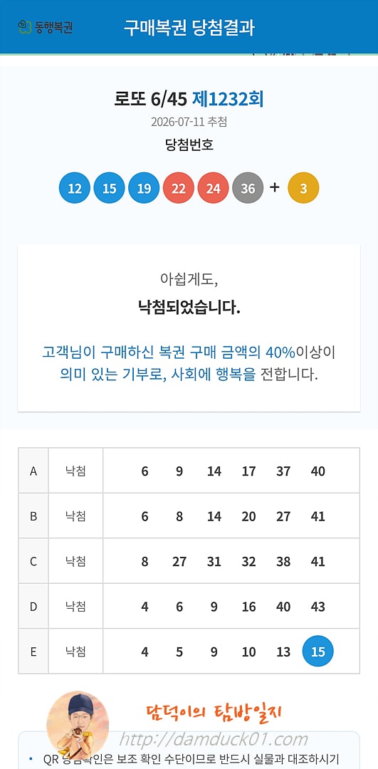 로또 6/45 제1232회 결과