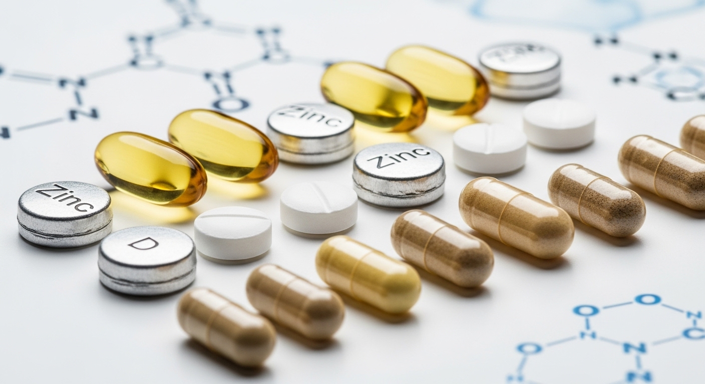비타민 C, D, 아연, 유산균 등 면역력 강화에 중요한 다양한 영양제 캡슐이 정렬되어 있는 모습.