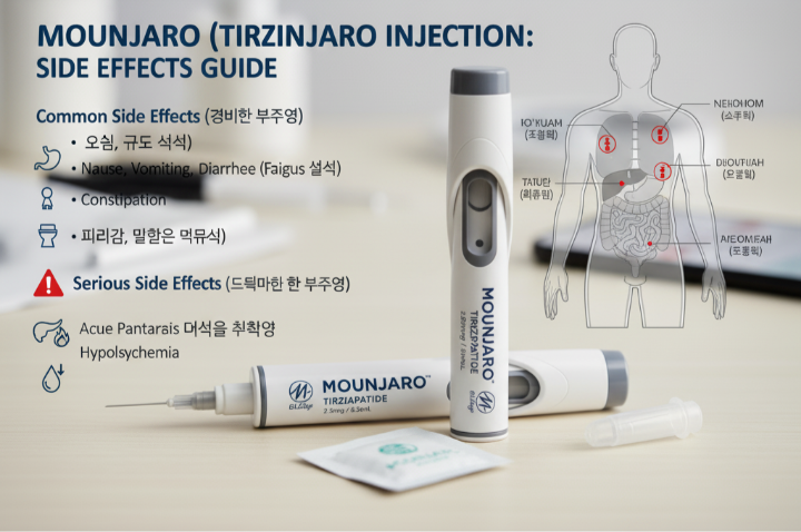 마운자로 주사제와 약물 부작용에 대한 설명이 있는 인포그래픽