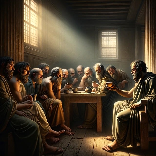 소크라테스와 소크라테스 제자들이 모여 있는 사진