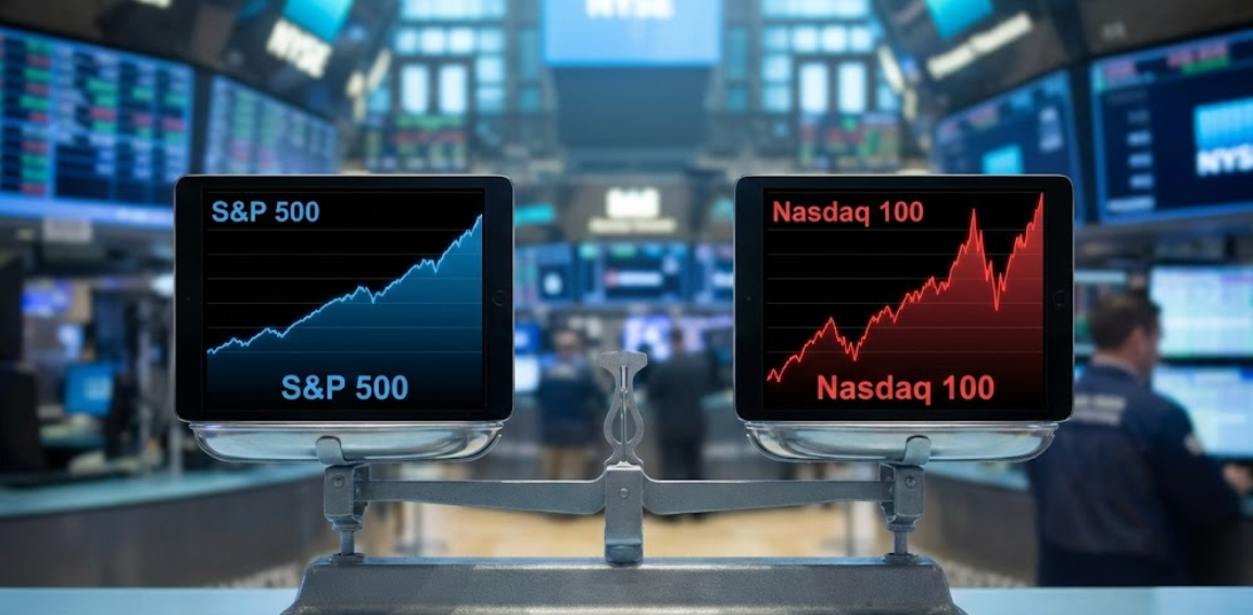 미국 증시의 양대 산맥인 S&amp;P500 지수와 나스닥100 지수의 성과를 비교하는 상승 그래프 이미지