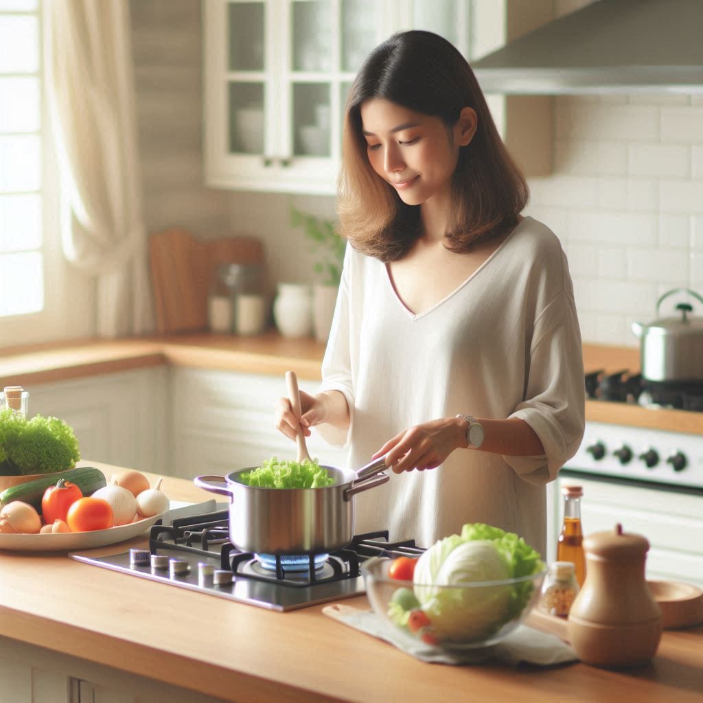 청결한 주방에서 요리하는 모습
