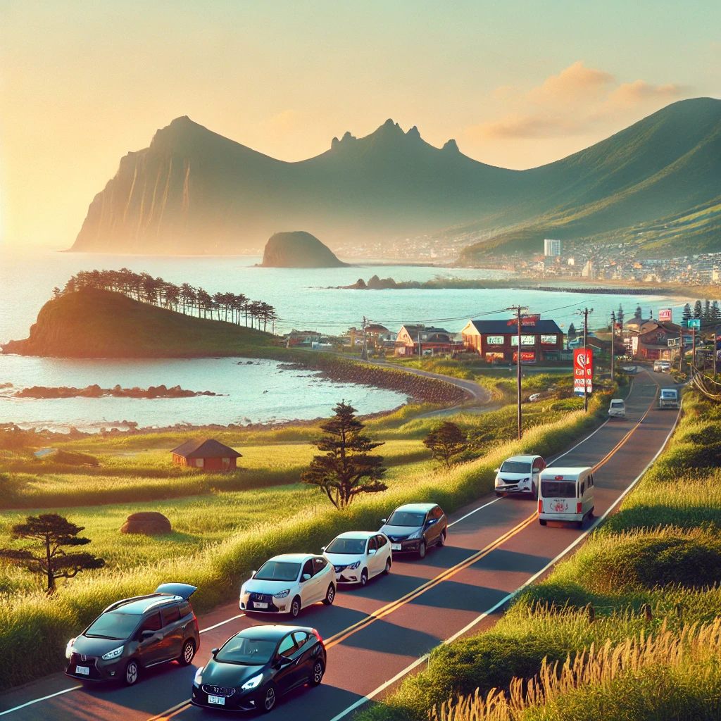 제주도 자연 경관을 배경으로 한 렌트카 서비스, 다양한 차량과 바다, 산이 보이는 풍경.