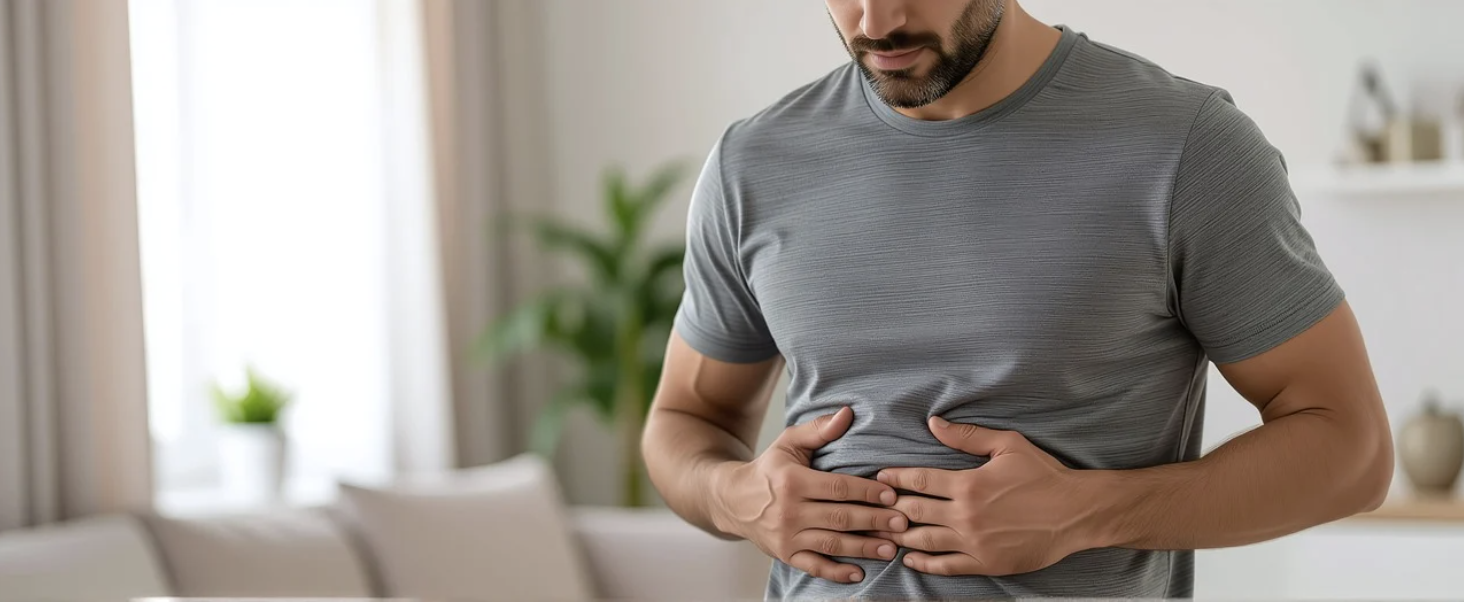 복부에 손을 얹고 위장 불편을 느끼는 성인 남성의 모습