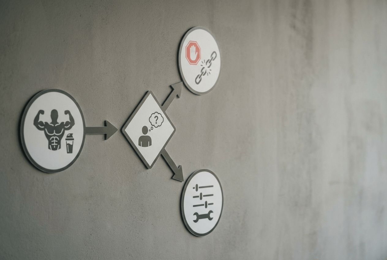 크레아틴 부작용이 생겼을 때 중단과 조정으로 나뉘는 의사결정 플로우차트 형태의 글자 없는 도식 이미지.