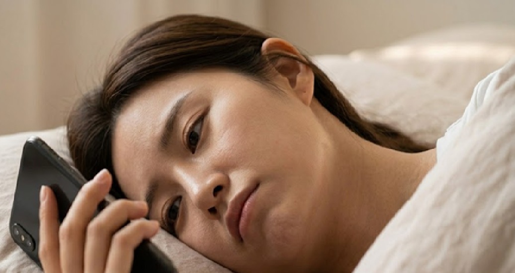 침대에 옆으로 누워 거북목 자세로 스마트폰에 열중하는 여성의 사진. 베개에 하관이 눌리고 중력에 의해 볼살이 아래로 처지며 팔자 라인이 깊어지는 순간을 시각화.