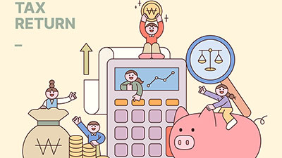 계산기를 통해 세금을 계산하고 저축하는 모습을 표현한 종합소득세 관련 일러스트