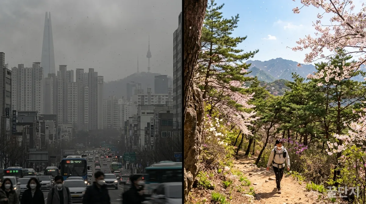 미세먼지 낀 도시와 꽃가루 날리는 공원을 대비하는 이미지