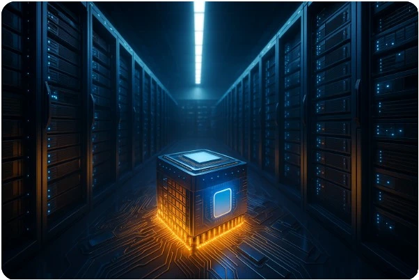 미래형 데이터 센터 내부에서 서버와 반도체 칩이 강조된 고성능 환경