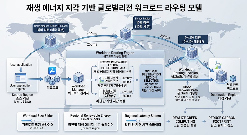 탄소 집약도가 낮은 글로벌 친환경 리전으로 컴퓨팅 워크로드를 동적 라우팅하여 탄소세를 절감하는 데이터 흐름