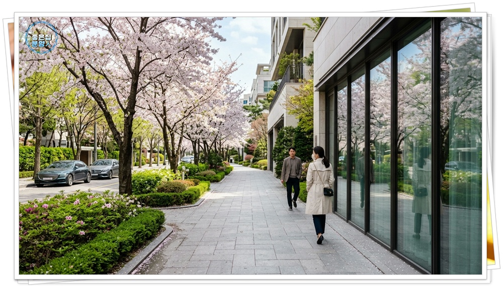 단지 주변으로 정비된 산책로와 자연 친화적인 조경이 어우러진 하이엔드 주거지의 모습입니다.