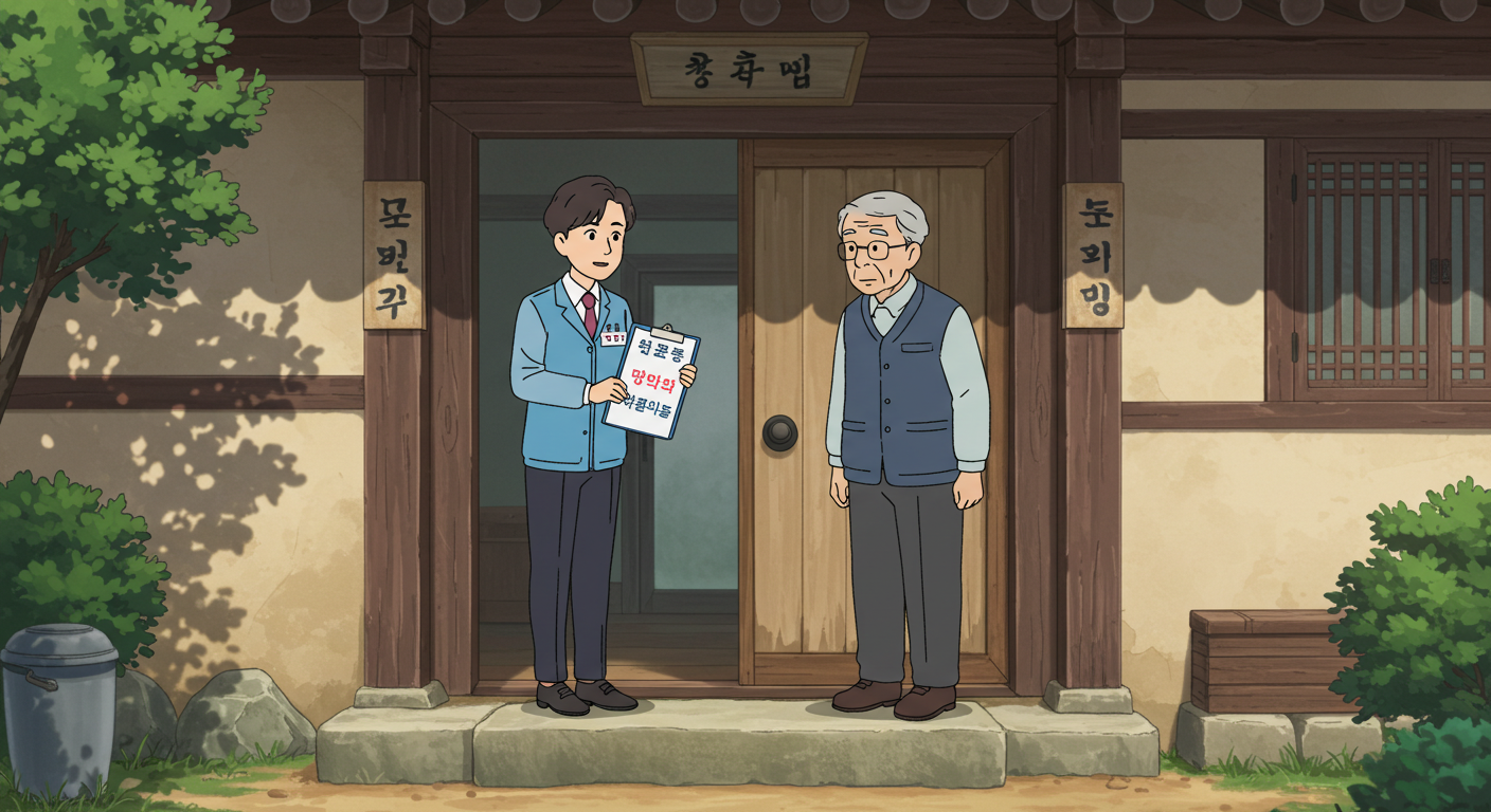 고령 세대를 방문하는 공무원