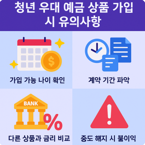청년 우대 예금 상품 가입 시 유의사항을 안내하는 인포그래픽으로, 나이 확인, 계약 기간, 금리 비교, 중도 해지 불이익 등 핵심 내용을 시각적으로 표현한 4칸 구성 이미지