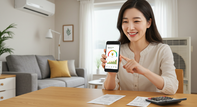 한전앱 보고 웃고 있는 이미지