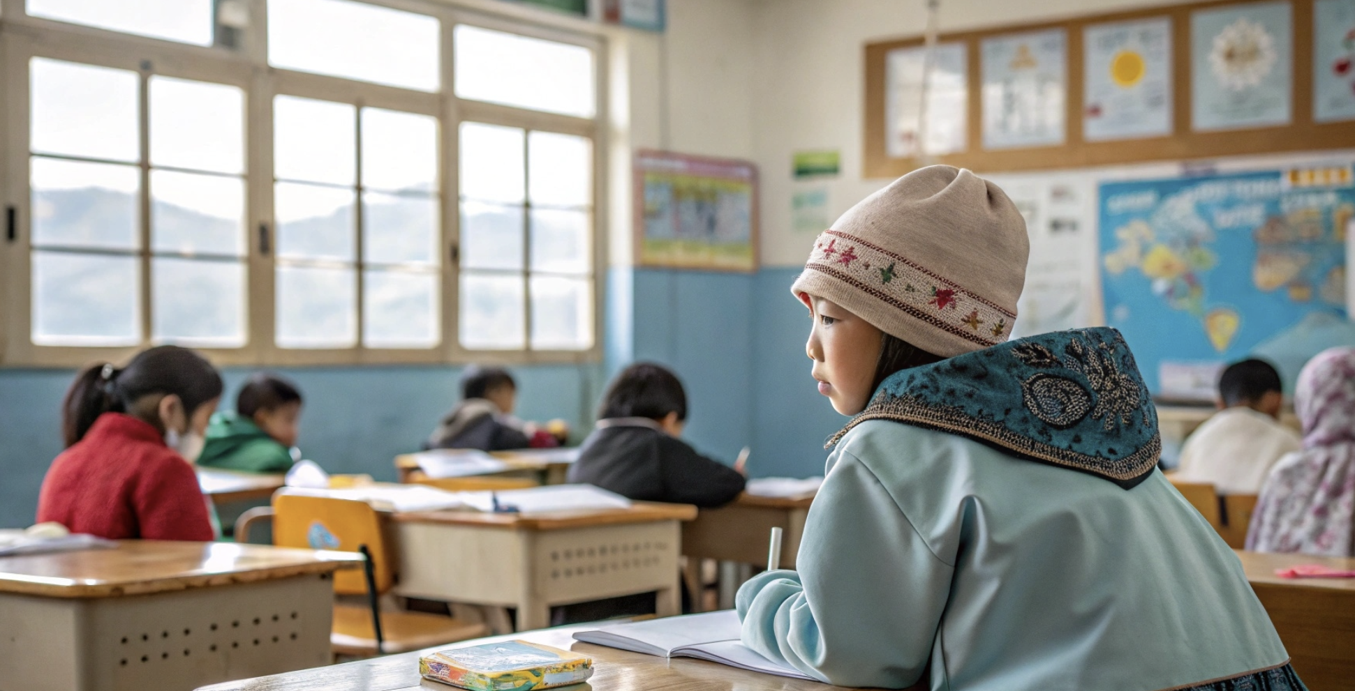 다문화 가정 어린이가 한국 교실에서 수업을 받고 있다.