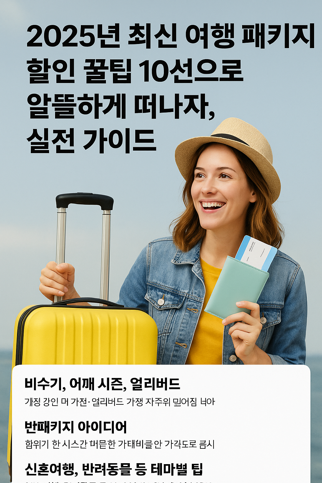 여행을 준비하는 젊은 여성이 노란 캐리어와 민트색 여권 케이스를 들고 미소 짓고 있는 모습. "2025년 최신 여행 패키지 할인 꿀팁 10선"이라는 한국어 문구가 상단에 큼직하게 배치되어 있음.
