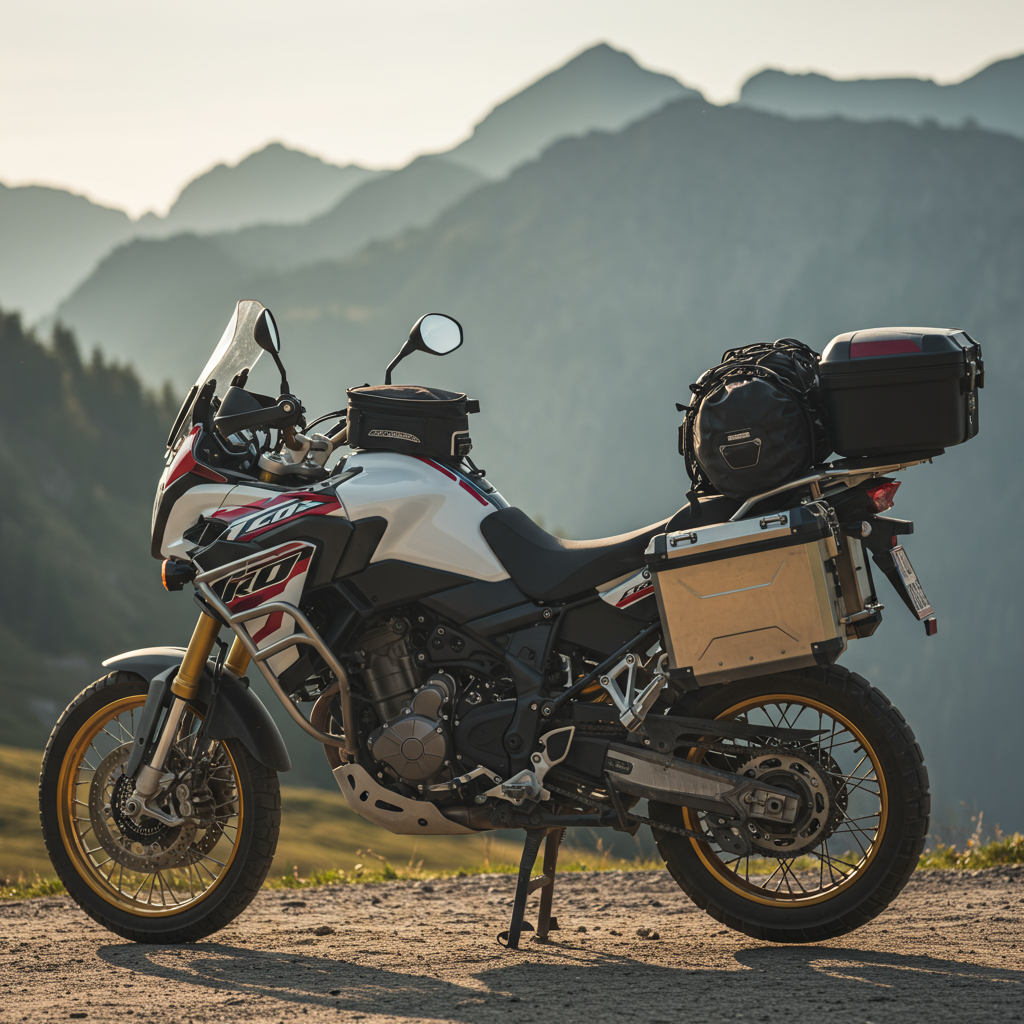 어드벤처 오토바이가 산에서 정차하고 있는 사진
사이드 케이스와 탑케이스를 달고 있는 사진