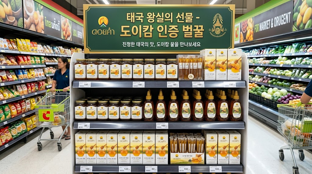 노란색 도이캄 왕실 인증 마크가 선명하게 인쇄된 태국 천연 튜브 꿀 제품들