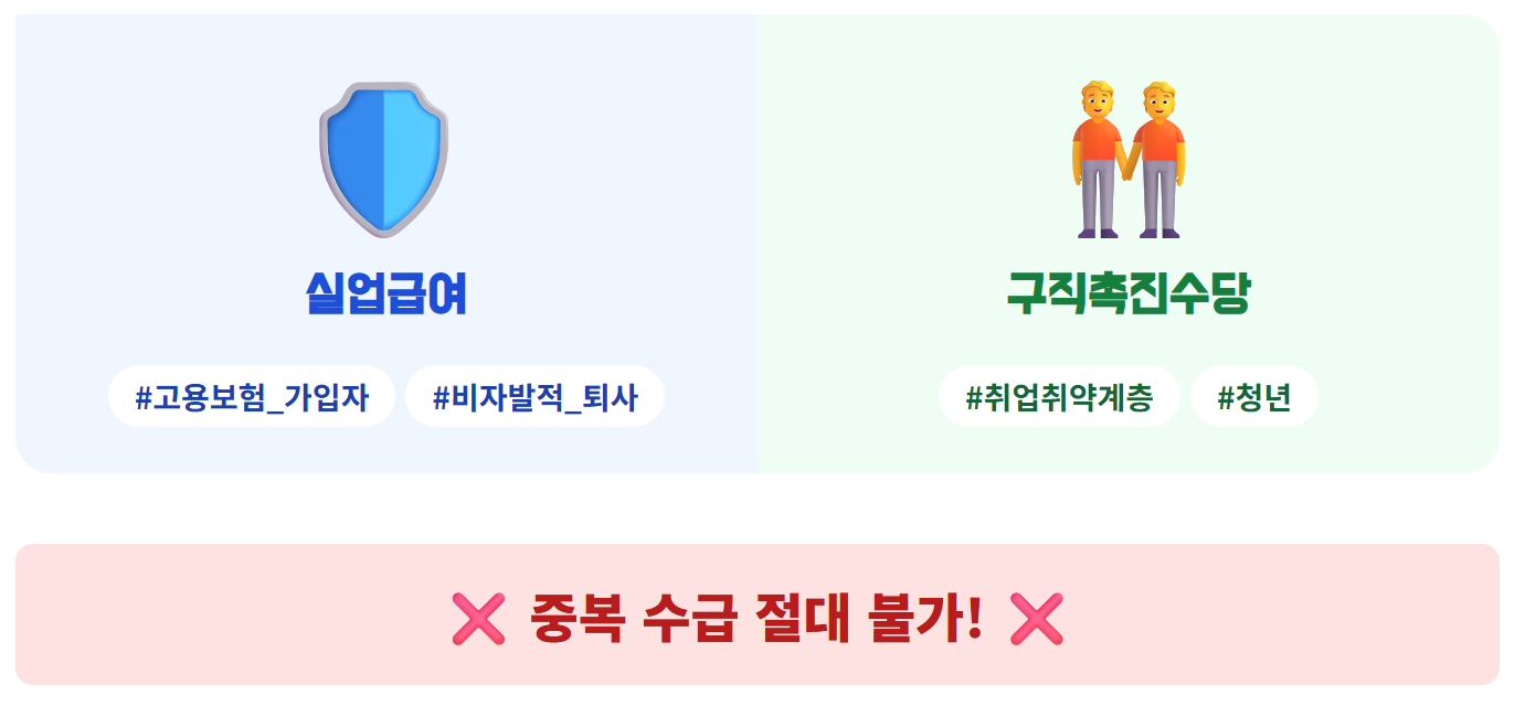 두 제도의 '근본적인 차이'를 시각적으로 명확하게 구분하는 것 각각의 아이콘 아래에 고용보험가입자, 비자발적_퇴사 /취업취약계층, 청년, 경력단절여성 이라는 키워드를 넣어서 구분해 줌