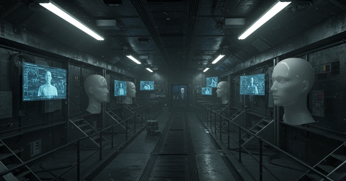 무표정한 아바타와 감시 화면이 있는 디지털 디스토피아 공간의 이미지