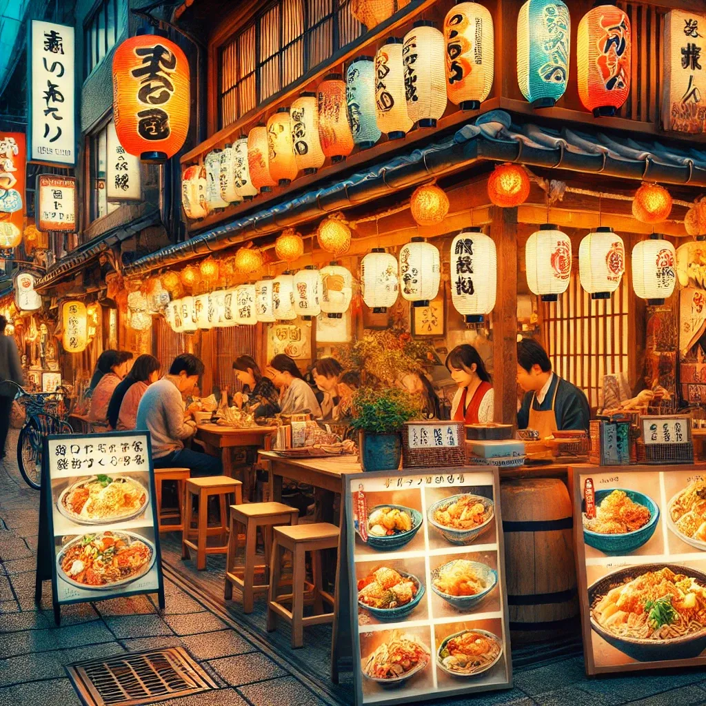 오사카의 저녁 거리 풍경, 전통 일본 요리를 제공하는 맛집 앞에 사람들이 음식을 즐기는 모습.