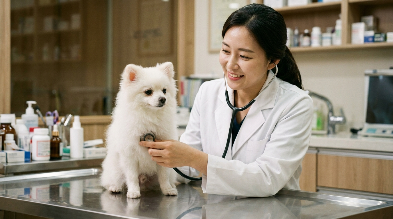 수의사에게 진찰받는 소형견