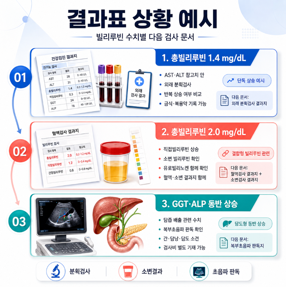 총빌리루빈 1.4mg/dL, 총빌리루빈 2.0mg/dL, GGT&middot;ALP 동반 상승 상황에 따른 다음 검사 문서를 설명한 메디컬 인포그래픽