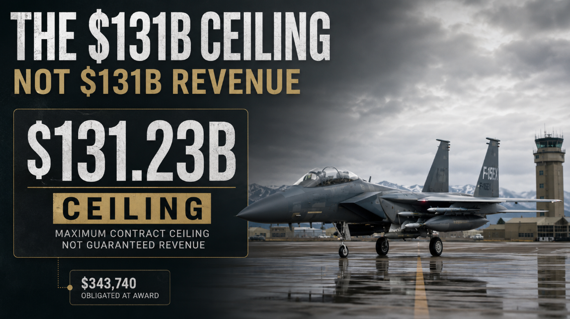 Boeing F-15EX with “$131.23B CEILING” and “$343,740 OBLIGATED AT AWARD”