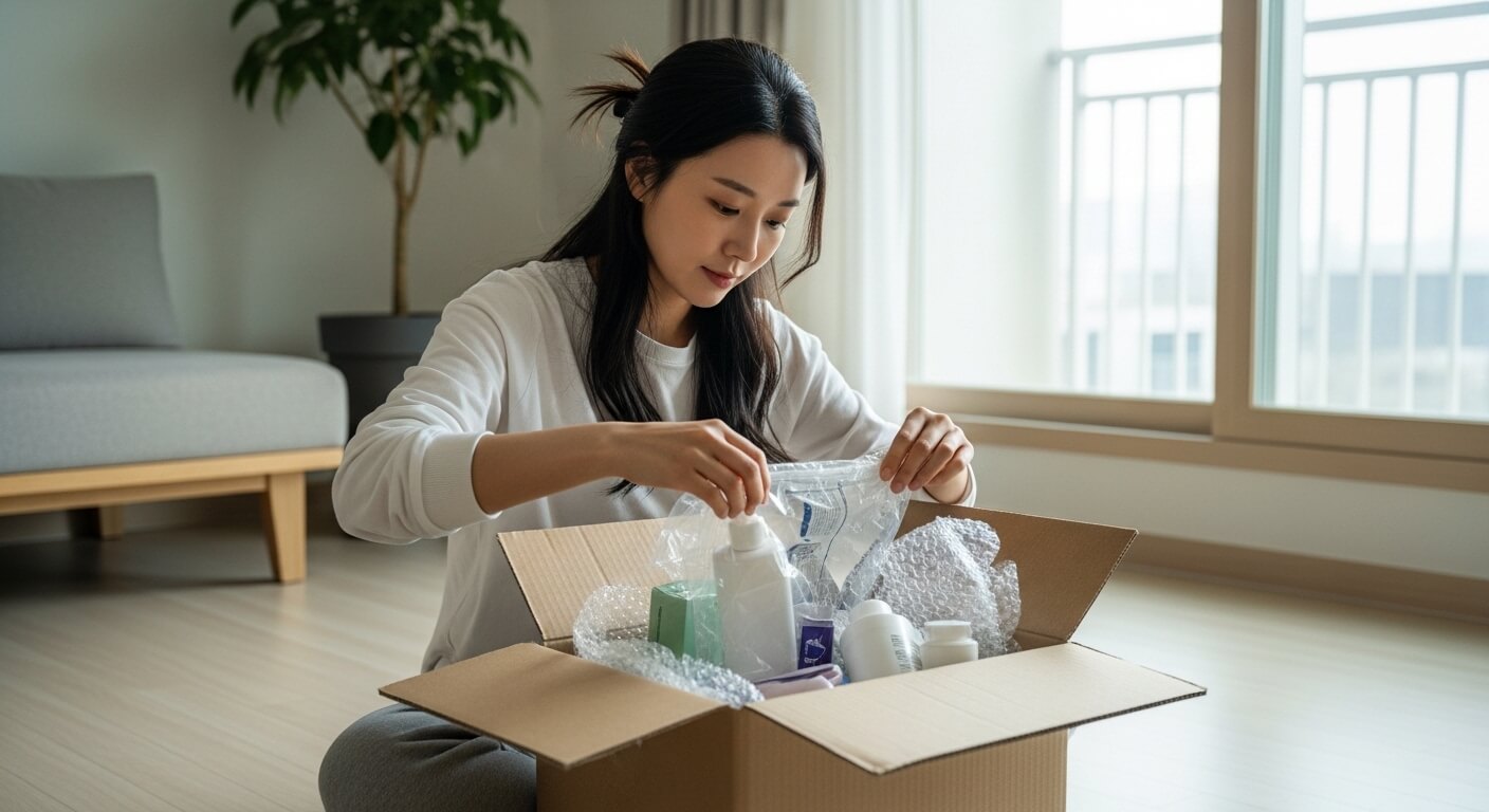 배송된 플라스틱 포장 제품과 생활 소비 모습