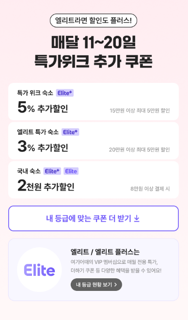 부산 숙소 예약 시 중복으로 적용 가능한 여기어때 엘리트 회원 특가위크 및 항공 렌터카 추가 할인 혜택