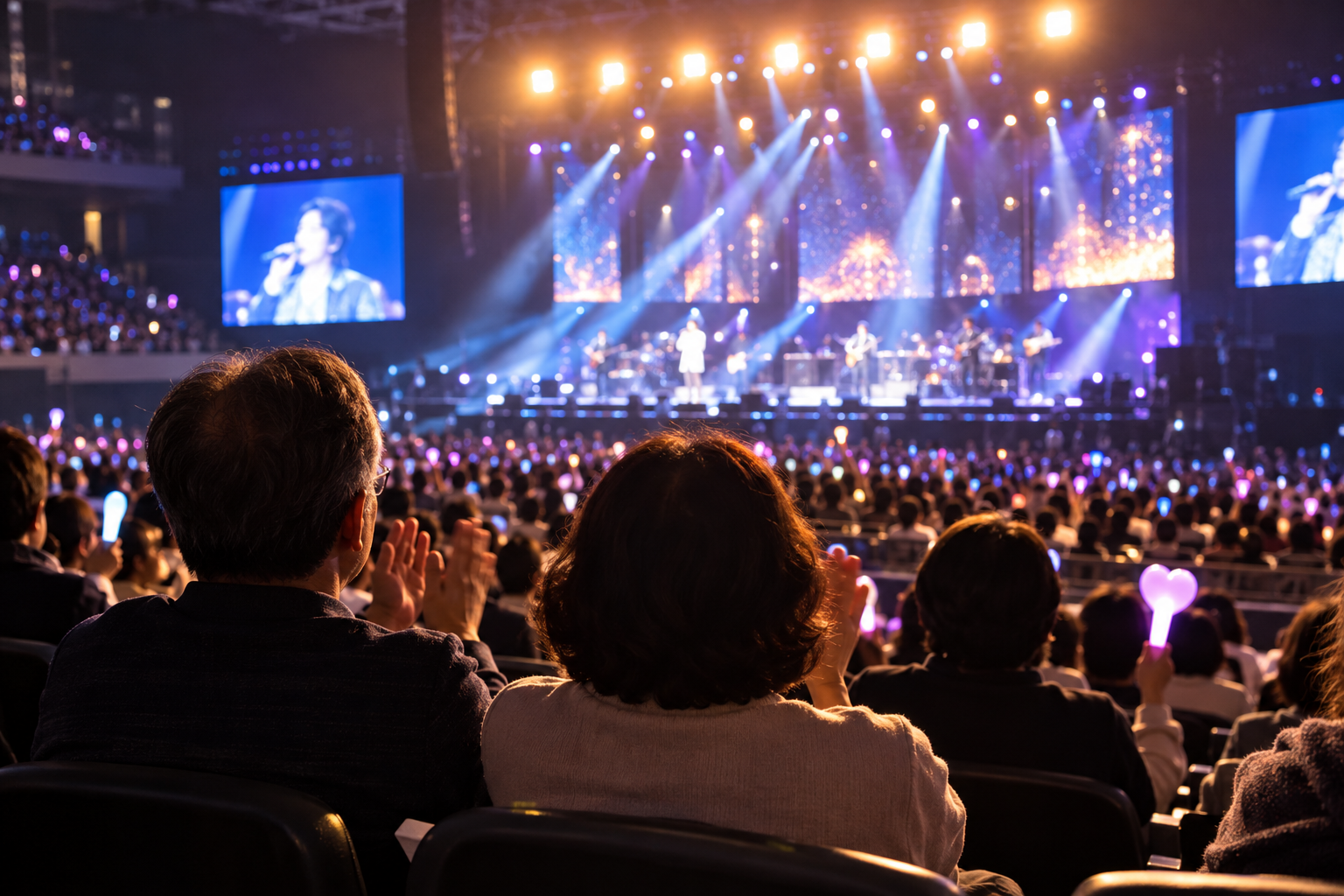 화려한 조명이 비추는 콘서트 공연장에서 무대를 감상하는 중장년 관객들
