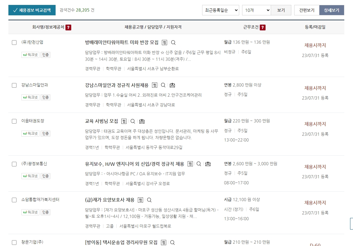 검색된 채용 공고를 최신 등록일 순서로 정렬하여 확인하는 모습