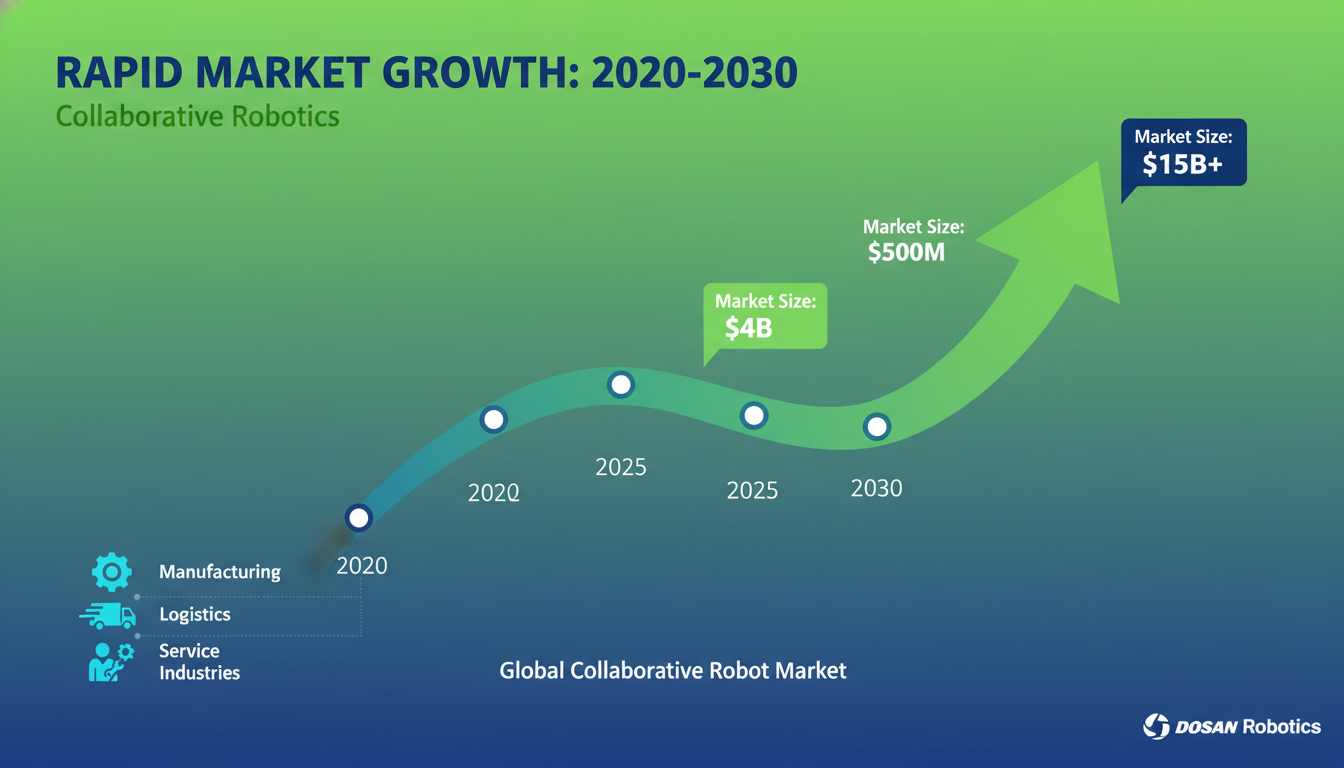 2020년부터 2030년까지 글로벌 협동로봇 시장의 가파른 성장세를 보여주는 인포그래픽, 두산로보틱스의 시장 내 위상을 간접적으로 나타냅니다.