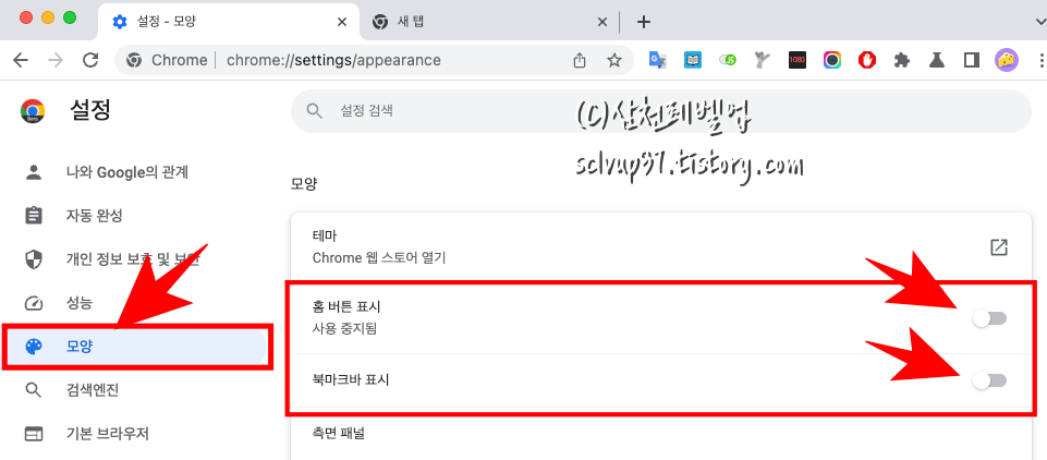 크롬 설정 모양의 홈버튼과 북마크바 표시 온오프 스위치
