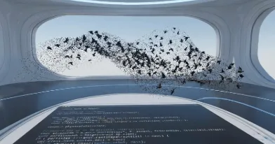 사용자의 손 트래킹에 반응하는 새떼 군무(murmuration) 3D 시뮬레이션을 보여주는 이미지. 제미나이 3.1 Pro가 생성한 코드를 통해 물리 법칙과 공간 개념이 적용된 인터랙티브 3D 환경이 구현된 모습을 시각적으로 표현함.