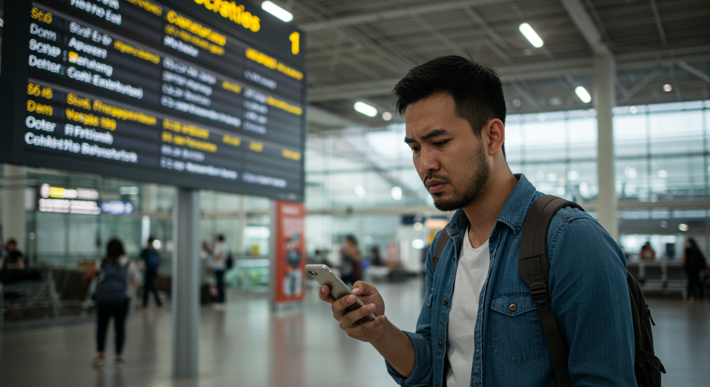 공항에서 전쟁으로 항공편이 취소된 것을 보고 당황하는 여행객