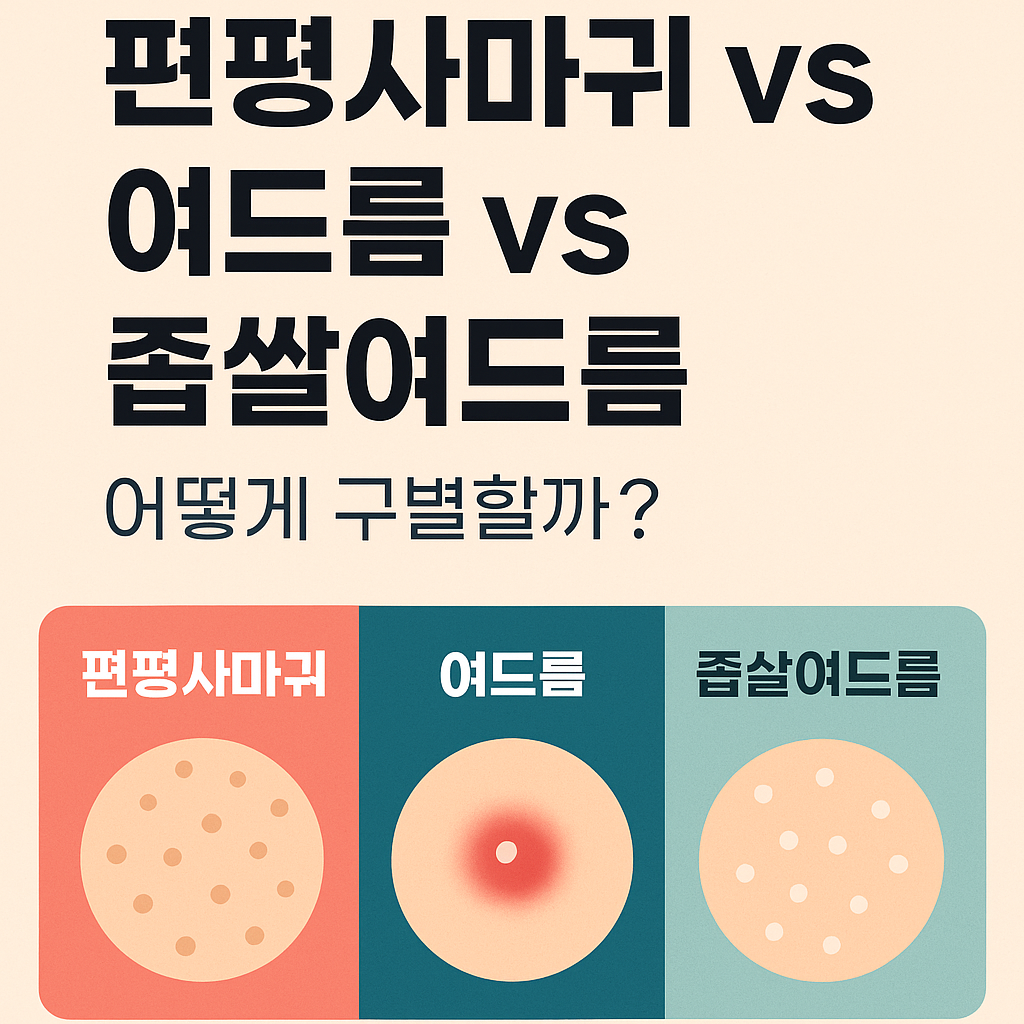 “편평사마귀, 여드름, 좁쌀여드름을 비교한 인포그래픽. 각 피부 트러블의 모양을 일러스트로 표현하고, 각각의 이름이 굵은 글씨로 구분되어 있음. 배경은 피부톤 컬러이며, 편평사마귀는 연갈색 오돌토돌한 점, 여드름은 붉은 중심부가 있는 뾰루지, 좁쌀여드름은 작고 흰 점들로 표현됨. ‘어떻게 구별할까?’라는 문구 포함.”