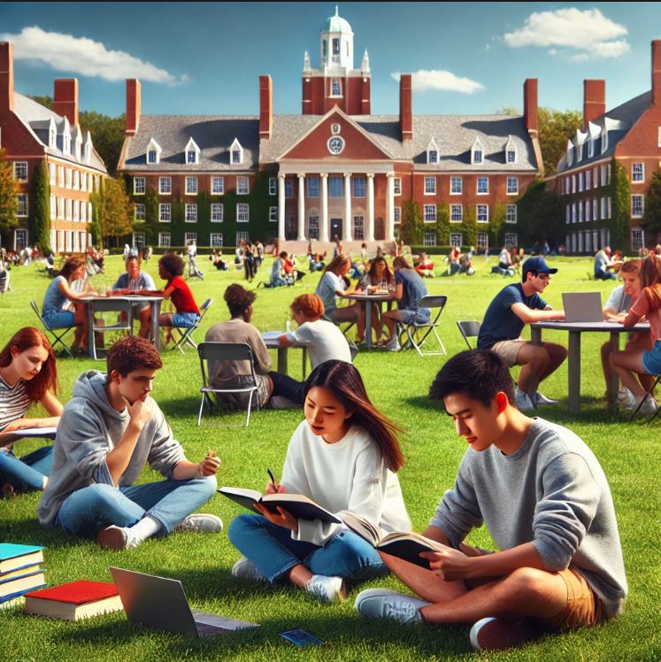 미국 대학 캠퍼스에서 공부하는 학생들