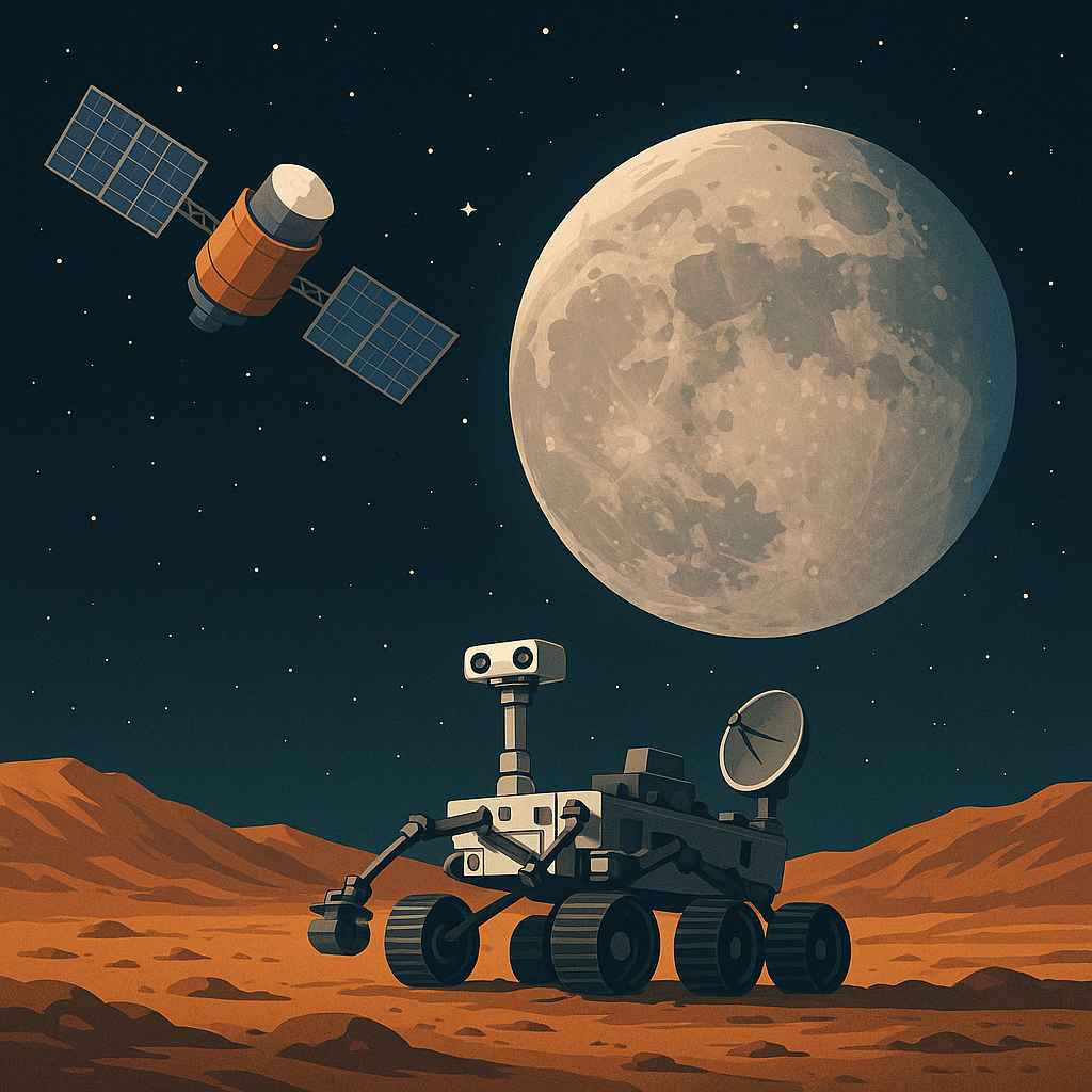 달 표면의 탐사 로버와 궤도 위성, 그리고 거대한 달 전경을 묘사한 이미지