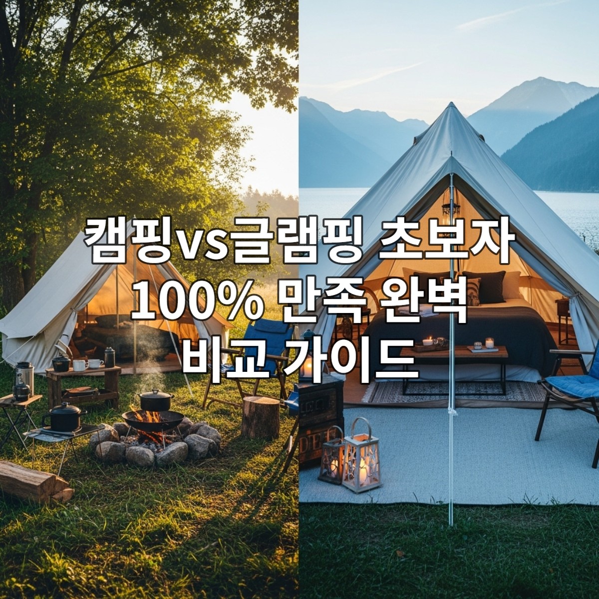 푸른 숲을 배경으로 한쪽에는 소박한 캠핑 텐트와 캠프파이어, 다른 한쪽에는 화려하게 꾸며진 글램핑 텐트가 대조적으로 펼쳐진 풍경.