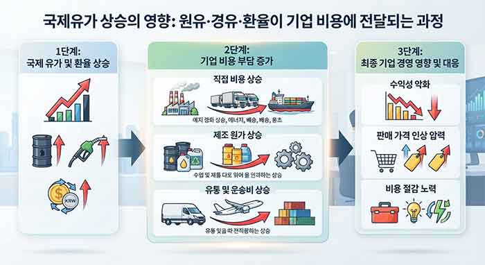 국제유가 상승이 기업 비용에 미치는 영향 과정.