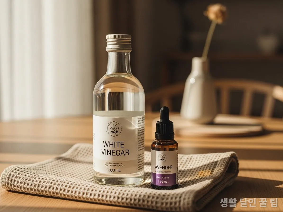 천연 섬유유연제로 사용되는 식초와 라벤더 에센셜 오일 병