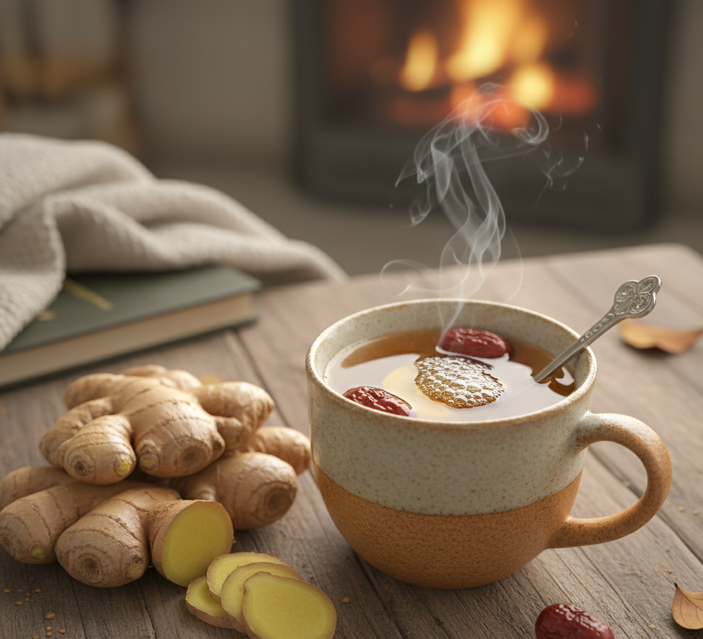김이 모락모락 피어오르는 생강차