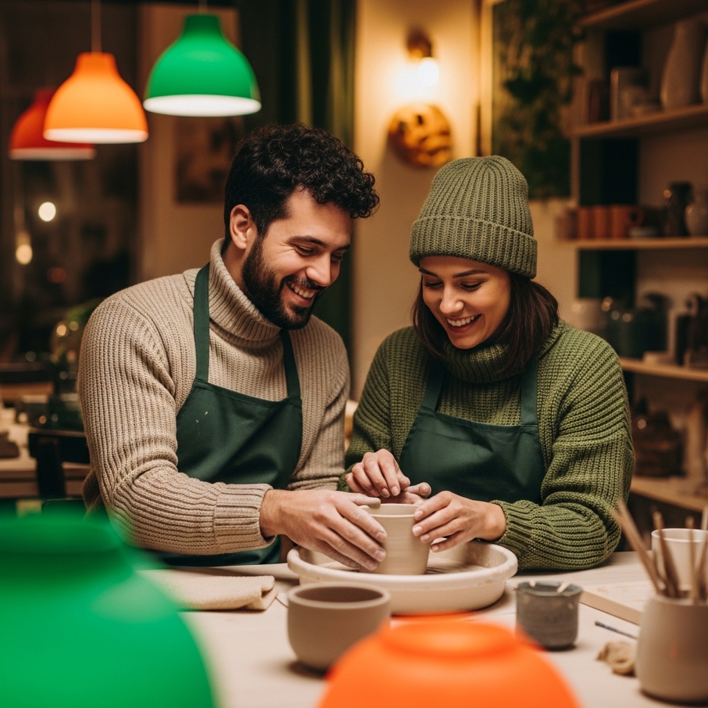 추운 겨울 실내에서 도자기를 만들며 즐거워하는 커플, 따뜻하고 이색적인 실내 데이트 분위기