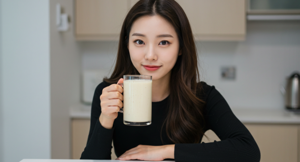 두유 스무디를 마실려고 하는 여성의 모습
