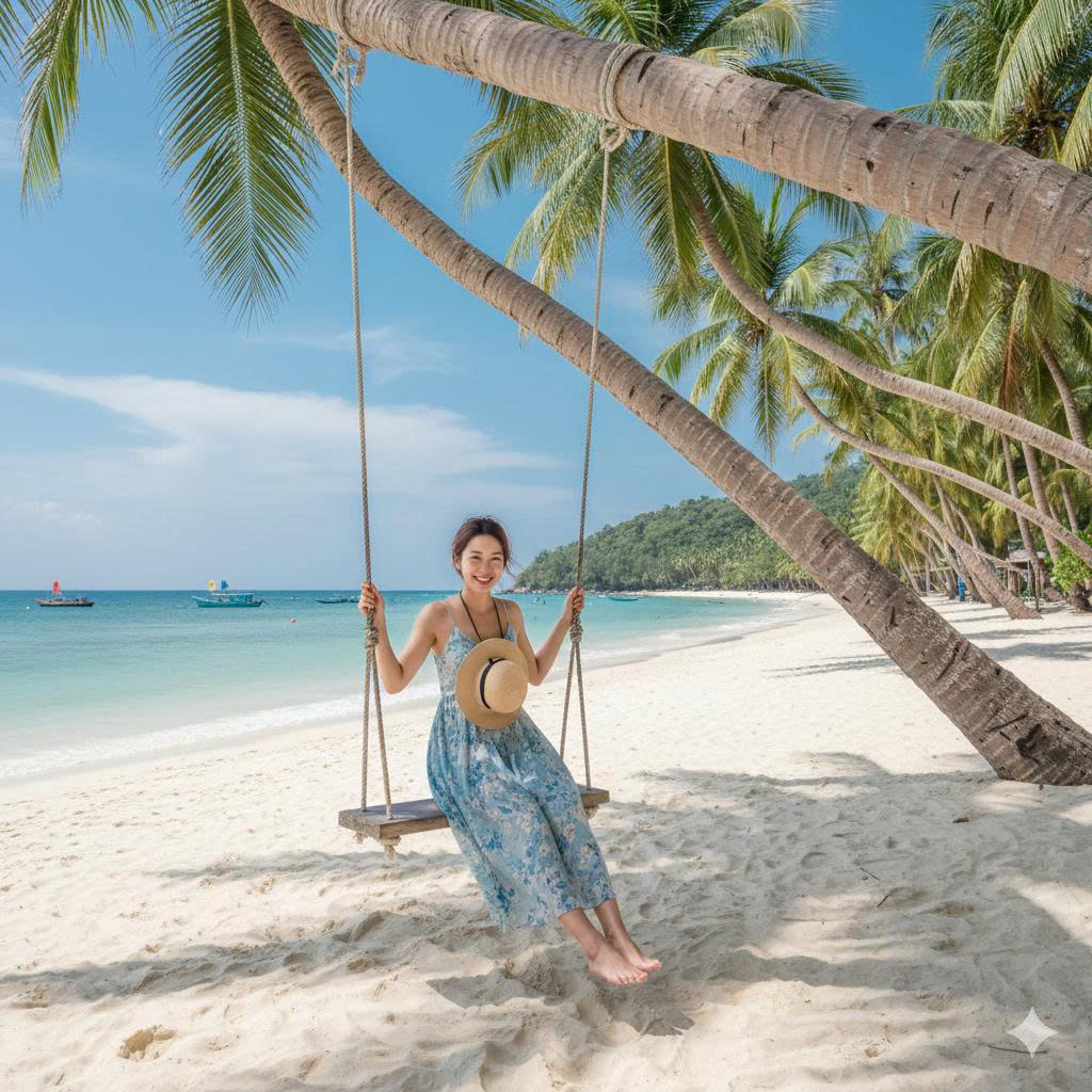 베트남 푸꾸옥 사오비치 해변에 야자수 나무 그네를 타고 있는 20대 한국 여성